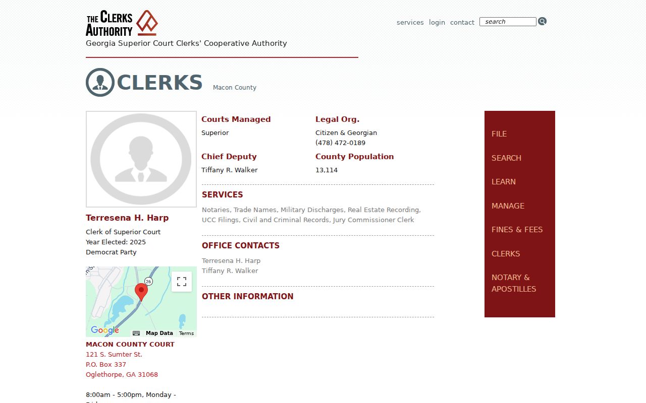 Macon County criminal history Superior Court clerk profile